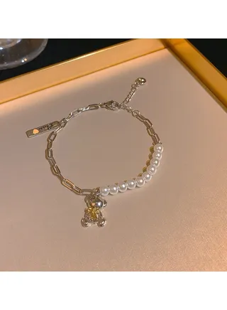 White Pearl Bracelet With Bear Charm 