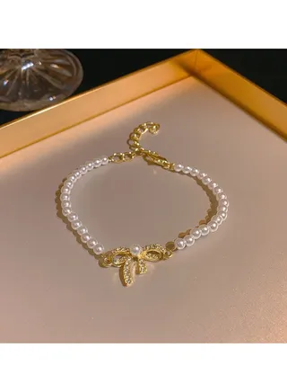 White Bracelet With Ribbon And Diamonds Pearls 