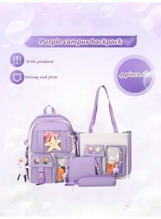 4PCS School Backpack Set for Girls, Lightweight Large Capacity School Travel Bags with Lovely Pendant for Teenager, 1 Backpacks, 1 Pencil Bag, 1 Messenger Bag and 1 Shoulder bag (Purple) 