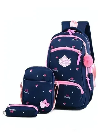 3 Pcs Heart and Bowknot Printed Graphic Cute Backpack Set Schoolbag and Shoulder Bag and Pencil Case with Doll Pendant for Kids Blue 