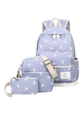3-Piece Rabbit Printed Kids Backpack Set Purple/White 