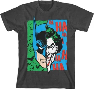 Batman and Joker Split Face Youth Charcoal Heather Graphic Tee-Small