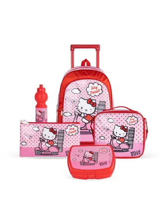 Hello Kitty 5in1 Trolley School Bag Girls Backpack Gift Water Resistant Hello Kitty Backpack for School (Pink) 