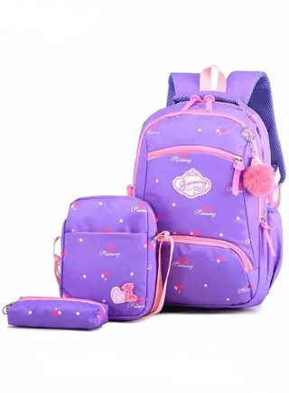 3 Pcs Heart and Bowknot Printed Graphic Backpack Set Schoolbag and Shoulder Bag and Pencil Case with Doll Pendant for Kids  Purple 