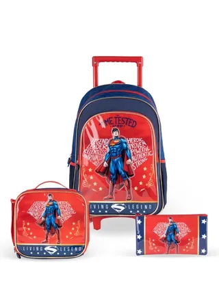 Warner Bros' Superman Time Tested Hero 3 in 1 3D Cartoon Backpack Large Capacity Trolley School Bag With Lunch Bag & Pencil Bag Water Resistant, Perfect for Kids Ages 3-8 