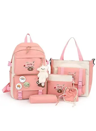 5pcs School Bags Set Backpacks with Pendant Lunch Bag, Pencil Case, Handbag, Coin Purse for Teen Girls School Backpack 