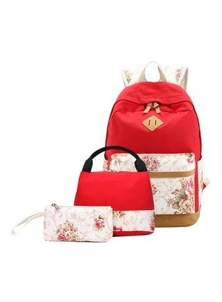 Polyester Printed Zipper Kids Backpack Set Red/White/Green 