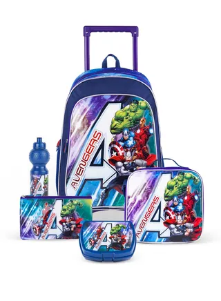 Marvel Avengers 5 in 1 School Trolley Set with Backpack and Accessories - 18 Inch, Thermal Lunch Bag, Water Bottle, Pencil Case, and Lunch Box 
