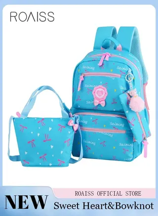 3pcs Heart and Bowknot Printed Graphic Cute Functional Backpack Set Schoolbag and Shoulder Bag and Pencil Case with Doll Pendant for Kids/Girls 
