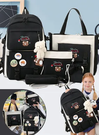 5 Pcs adult Backpack School Bags Set Backpacks with Pendant Lunch Bag Pencil Case Handbag Coin Purse for Teen Girls School Backpack 