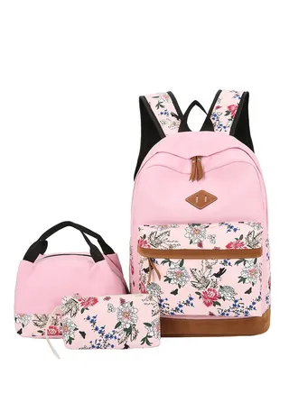 Polyester Printed Zipper Kids Backpack Set Pink/Black 