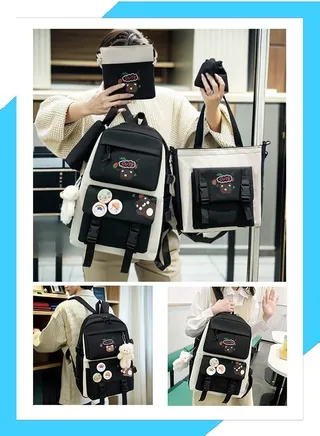 Student backpack, Fashionable and Casual Backpack, Cute Canvas Backpack Set, Teenage Popular Backpack gift pendant, Campus Backpack Set, Couple backpack(Black) 