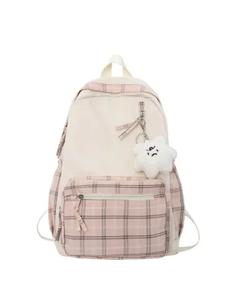 Cute Plaid Backpack with Plush Pendant Lightweight Large Capacity Student Book Bag School Bag Casual Daypack for Outdoor Travel Camping Picnic 