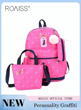 3pcs Heart and Bowknot Printed Graphic Cute Functional Backpack Set Schoolbag and Shoulder Bag and Pencil Case with Doll Pendant for Kids/Girls Hot Pink 