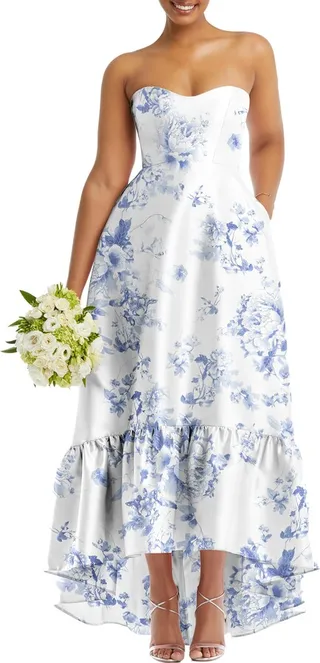 Strapless Floral Ruffle High-Low Gown