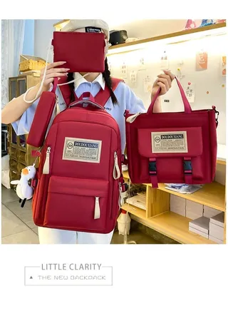4-piece Backpack set Retro Large Capacity Schoolbag Backpack Shoulder Pencil Box Children and Girls Middle School /Wine Red 