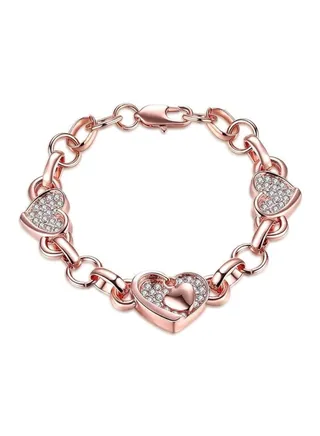 Rose Gold Plated Cubic Zirconia Studded Heart Shape Link Bracelet 