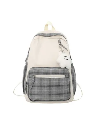 Cute Plaid Backpack with Plush Pendant Lightweight Large Capacity Student Book Bag School Bag Casual Daypack for Outdoor Travel Camping Picnic 