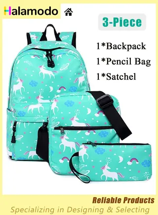 3PCS School Backpack Set, Portable Unicorn Casual Daypack for Boys Girls, Students Shoulder Bag, Laptop Backpack, with Sling Crossbody Bag and Storage Bag, Book Bags, for School College Office Travel 