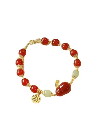 Red Chinese Jade Rabbit Bracelet With Lucky Characters 