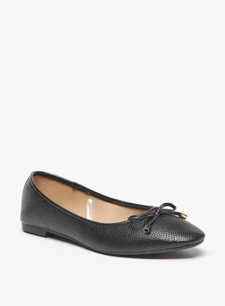 Textured Slip-On Round Toe Ballerina Shoes with Bow Accent 