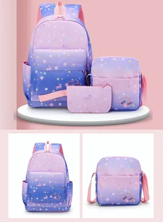 3pcs Printed Graphic Cute Functional Backpack Set Large Capacity Schoolbag and Shoulder Bag and Pencil Case for Kids/Girls Dark Purple/Pink 