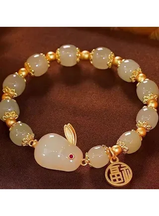 Green Beads Chinese Jade Rabbit Bracelet 