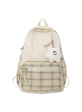 Cute Plaid Backpack with Plush Pendant Lightweight Large Capacity Student Book Bag School Bag Casual Daypack for Outdoor Travel Camping Picnic 