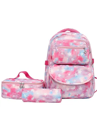 3-Piece Backpack Set Simple Large-Capacity Carrying School Bag Shoulder Bag Pencil Bag Waterproof Fabric Light Texture 