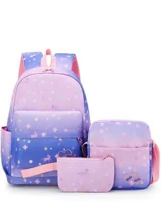 3pcs Printed Graphic Cute Functional Backpack Set Large Capacity Schoolbag and Shoulder Bag and Pencil Case for Kids/Girls Dark Purple/Pink 