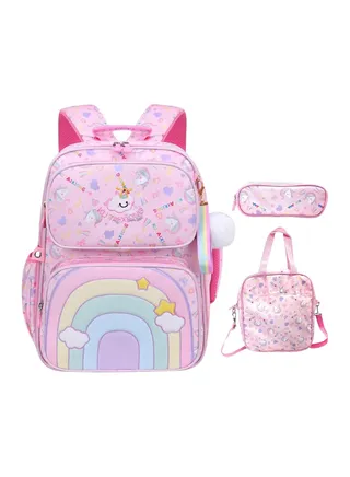 3PCS Kids Girls Backpack Schoolbag, Rainbow Unicorn Large Capacity Schoolbag with Lunch Tote and Pencil Case 