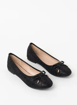 Sequin Embroidered Bow Detail Ballerina Black 