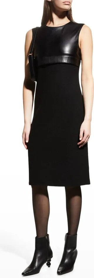Mixed-Media Leather Knit Midi Dress