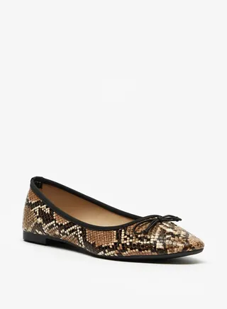 Animal Print Round Toe Slip On Ballerina Shoes with Bow Accent Brown 