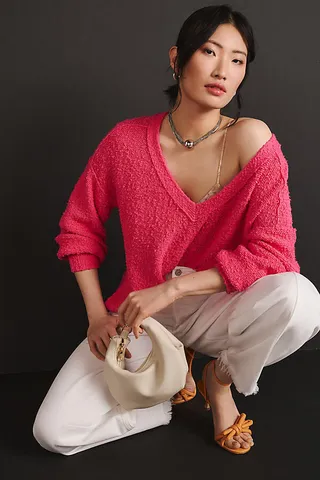 Pilcro Textured V-Neck Sweater Pink