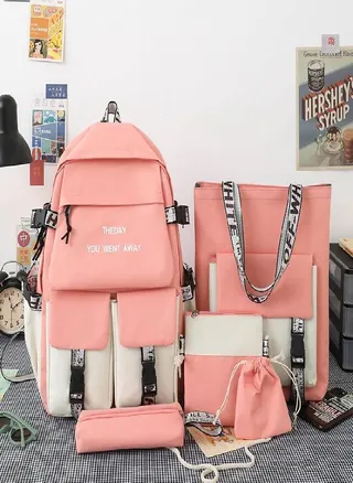 5 PCS Spring Color Matching Schoolbag Fashion Letter Korean Campus Backpack Large Capacity Junior High School Backpack 
