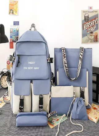 5 PCS Spring Color Matching Schoolbag Fashion Letter Korean Campus Backpack Large Capacity Junior High School Backpack 