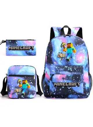3PCS Backpack Set,Minecraft School Backpack,Large Capacity Casual Backpack with Lunch Bag and Pencil case for Boys Girls Students 