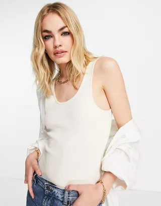 ASOS DESIGN scoop front and back bodysuit in rib in ecru