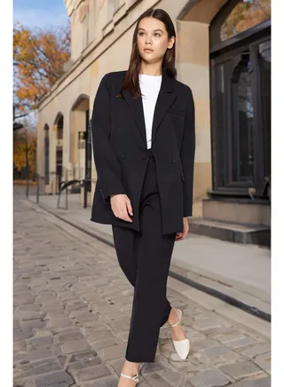 Black Blazer Jacket-Pants Woven Bottom-Top Suit TCTAW23US00132 