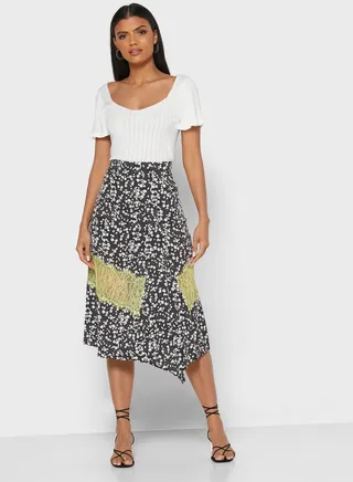 Floral Print Lace Trim Skirt 