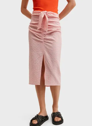 Checked Front Split Tie Detail Skirt 