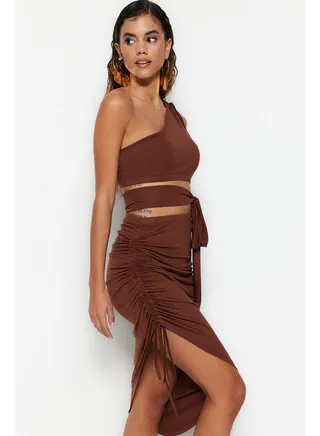 Brown Knitted Gathered One Shoulder Blouse Skirt Set TBESS22AU0224 