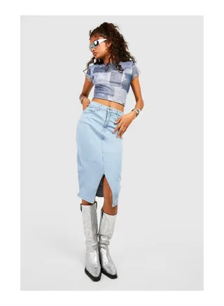 High Waisted Split Front Denim Midi Skirt 
