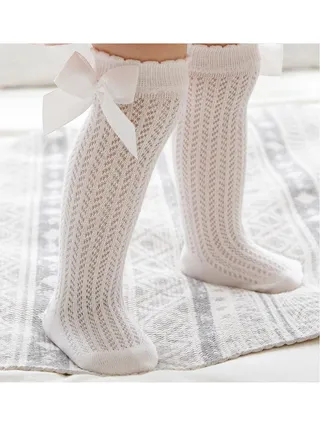 Little Girl's Knee High Socks with Ribbon, Breathable and Big Bowknot Decoration Soft Thin Middle-Length Sweet Stocking in Spring and Autumn 