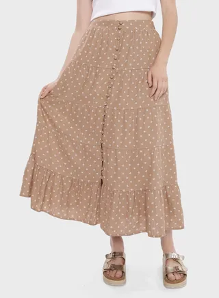 Button Detail Tiered Hem Skirt 