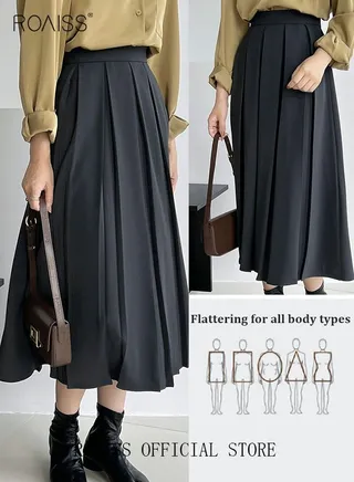 Women's Solid Color Long Skirt Women High Waist Pleated A-Line Skirt Ladies' Casual All-Match Suit Material Pleated Skirt 