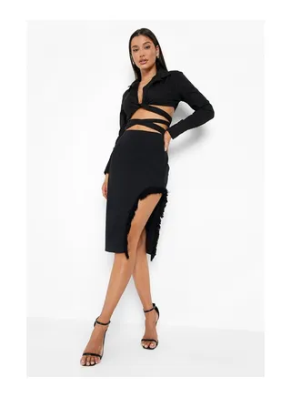 Tassel Side Asymmetric Linen Look Midi Skirt 