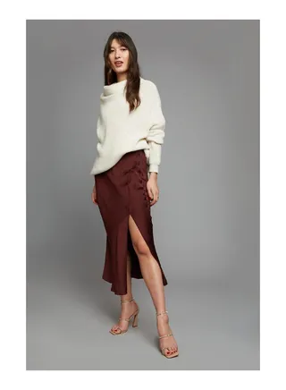 Chocolate Satin Split Midi Skirt 