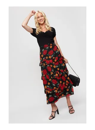 Red Floral Chiffon Ruffle Midi Skirt 